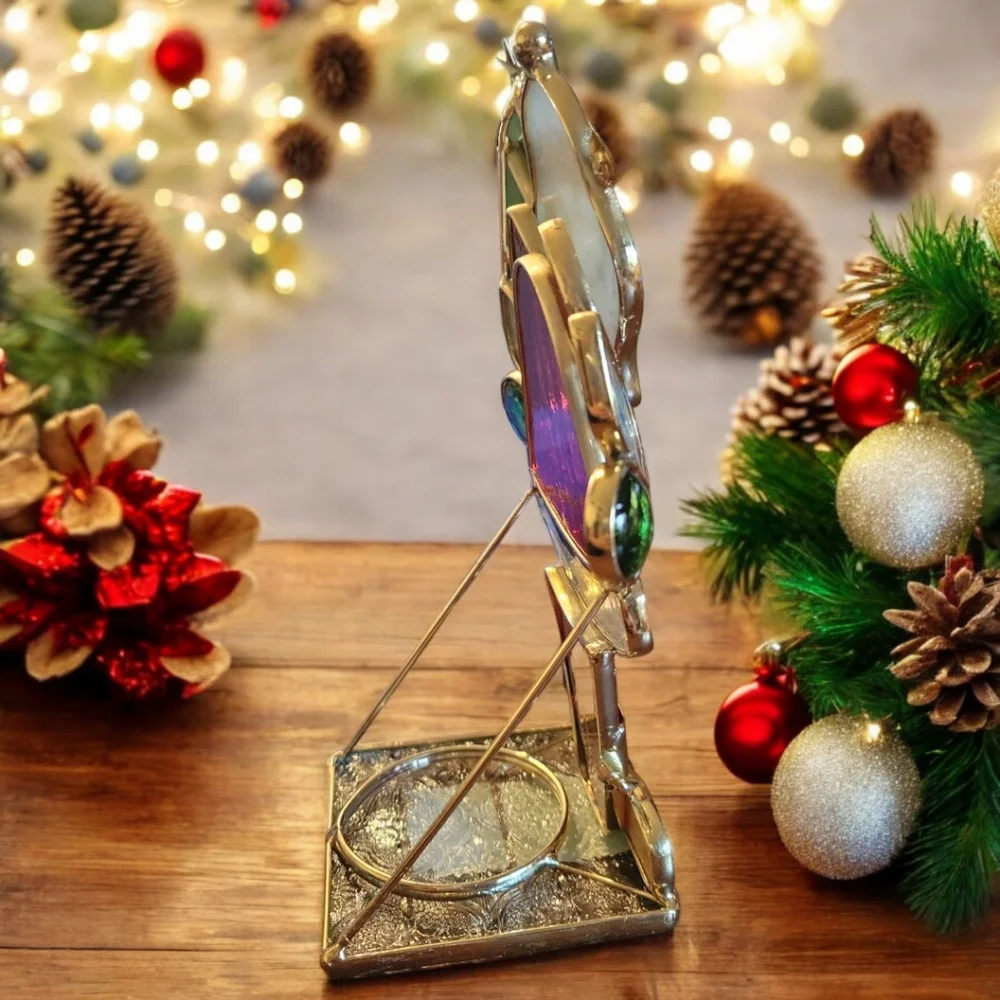 Vtg 90's Stained Glass Christmas Tea Light Votive Candle Holder Brass Trim